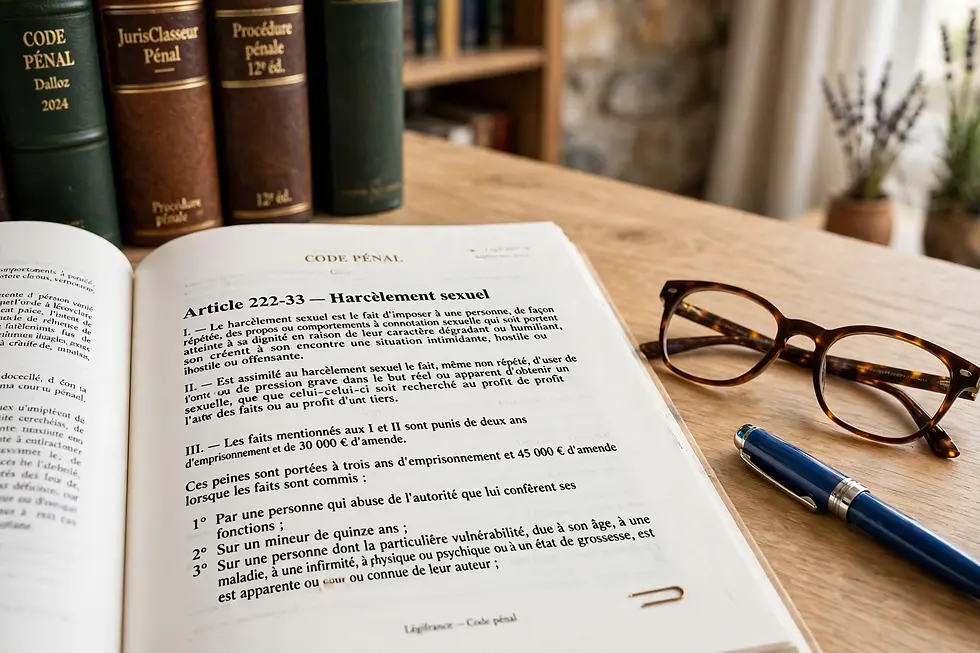 Article 222-33 du Code pénal ouvert sur un bureau - harcèlement sexuel éléments constitutifs et peines