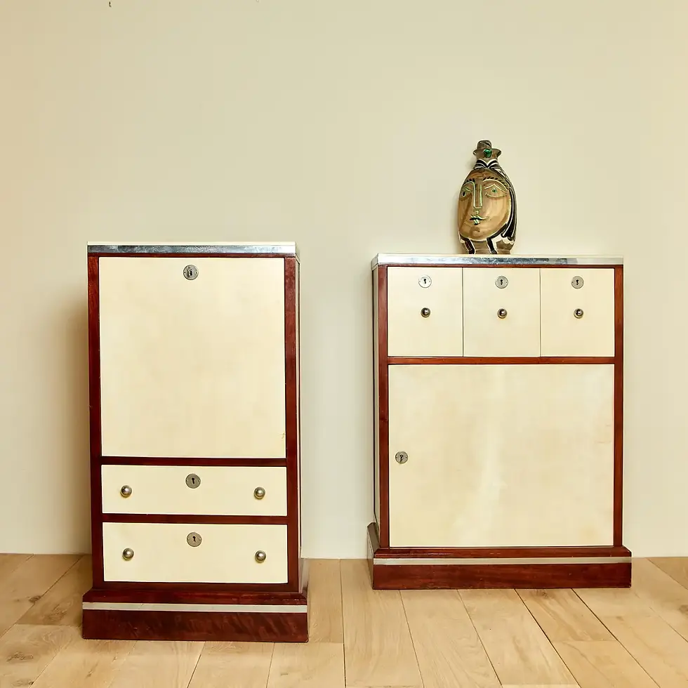 Miniature : Petit secrétaire de chambre à coucher, Art Déco, parchemin, métal et bois