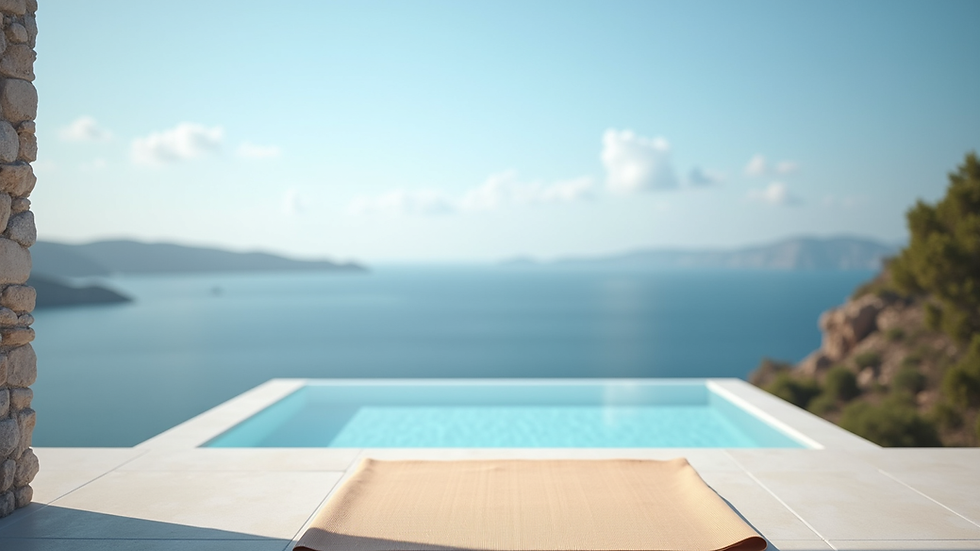 Eye-level view of a peaceful yoga platform overlooking the Mediterranean Sea