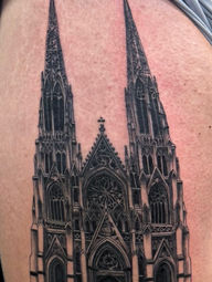 Black and gray tattoo, realism tattoo, cathedral, Chattanooga, fine Line tattoo, hip tattoo