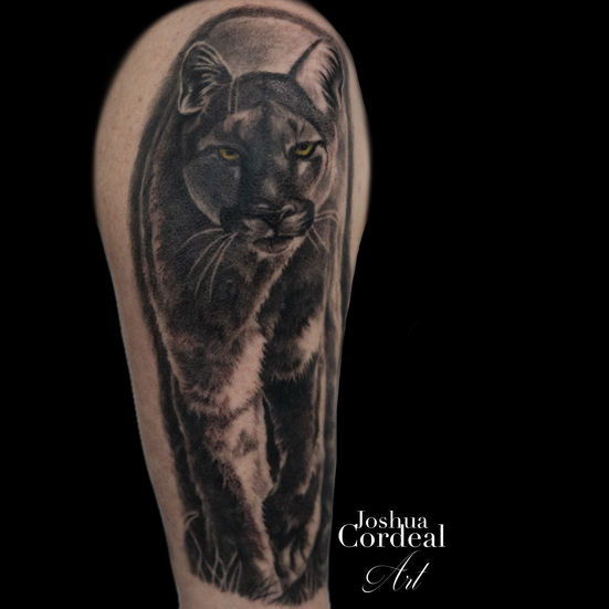 cougar tattoo, animal tattoo, animal portrait tattoo, realism tattoo, chattanooga TN