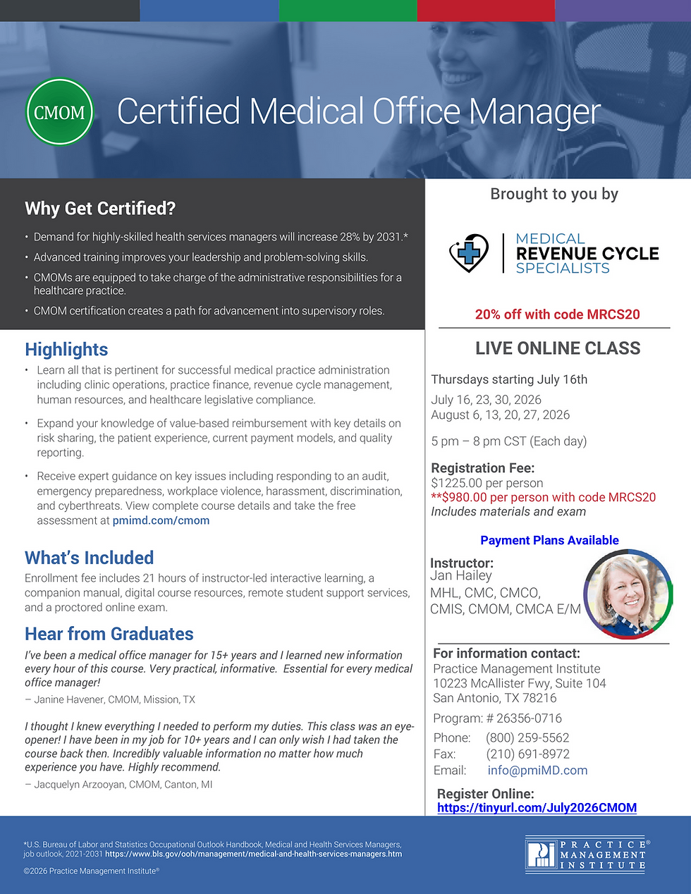 Save 20% | Certified Medical Office Manager (CMOM®) Live Online Class (July 2026)