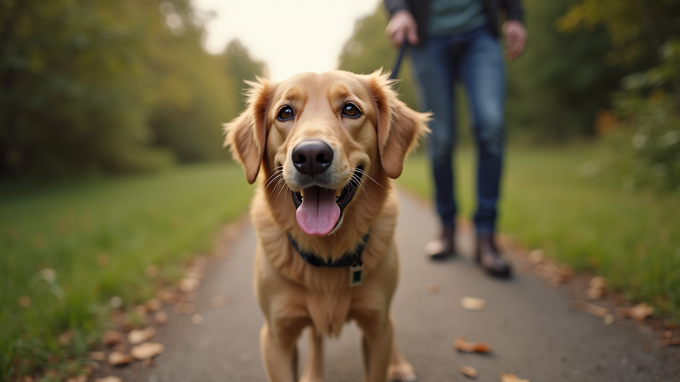Eye-level view of a dog sitting attentively in a park