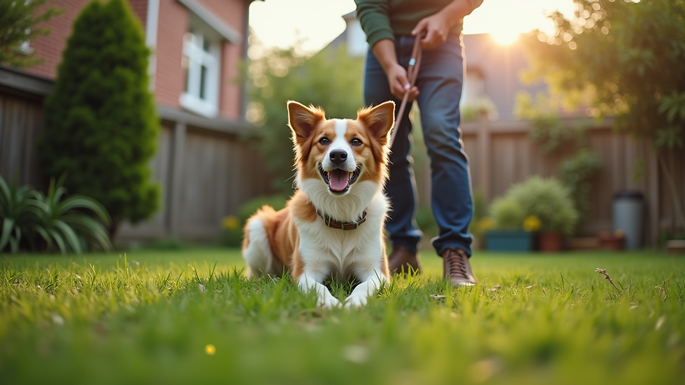 Eye-level view of a dog owner training a dog in a backyard
