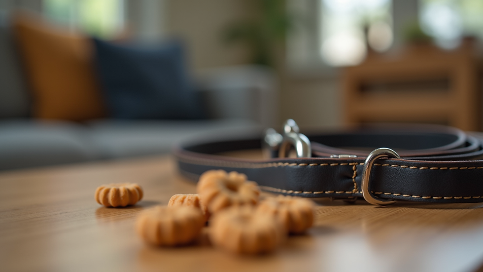 Close-up view of dog leash and training treats on a table
