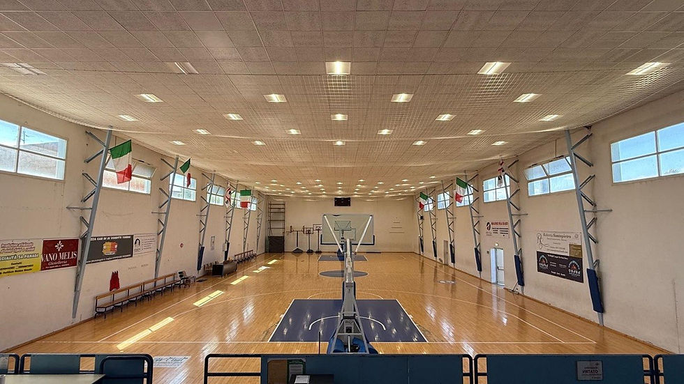 Assemini: rete parapalloni per la protezione del controsoffitto nella palestra da basket