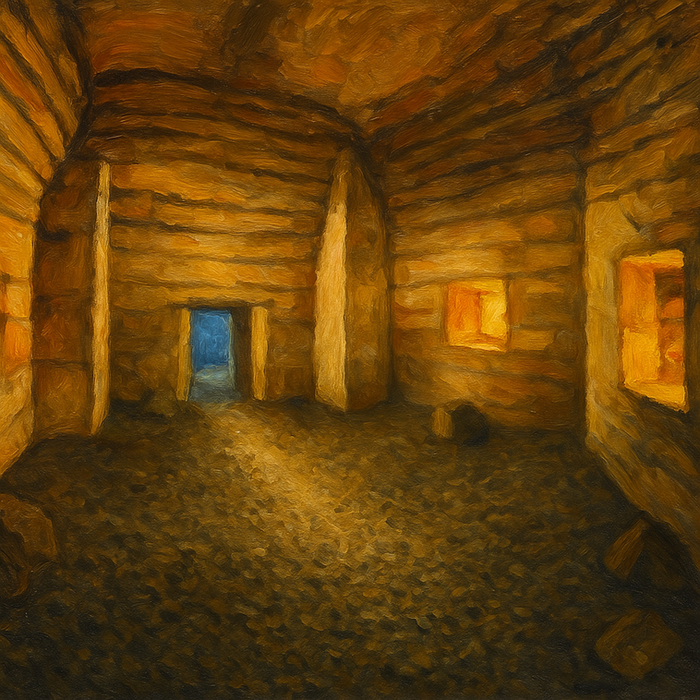 Interior of Maeshowe chamber with Viking runes, Orkney Islands