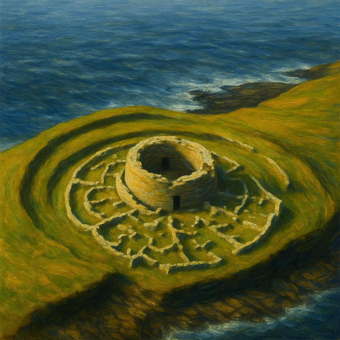 stone broch ruins with circular walls near the sea, Orkney Mainland