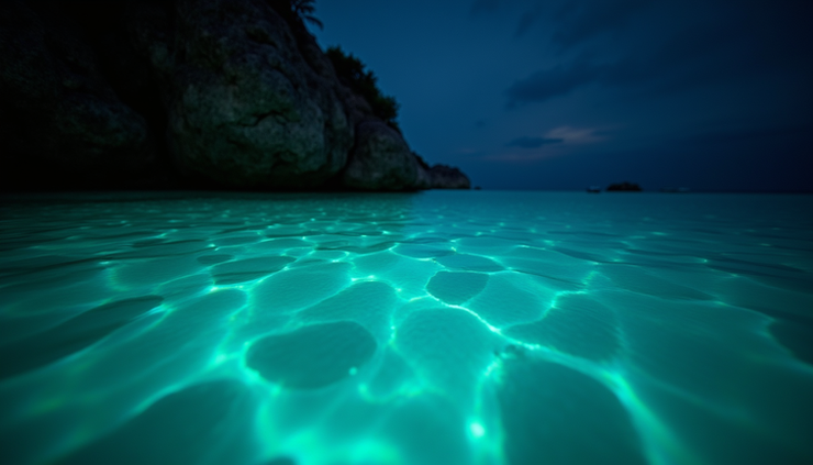 Eye-level view of glowing blue-green waters in a Puerto Rican bio bay at night