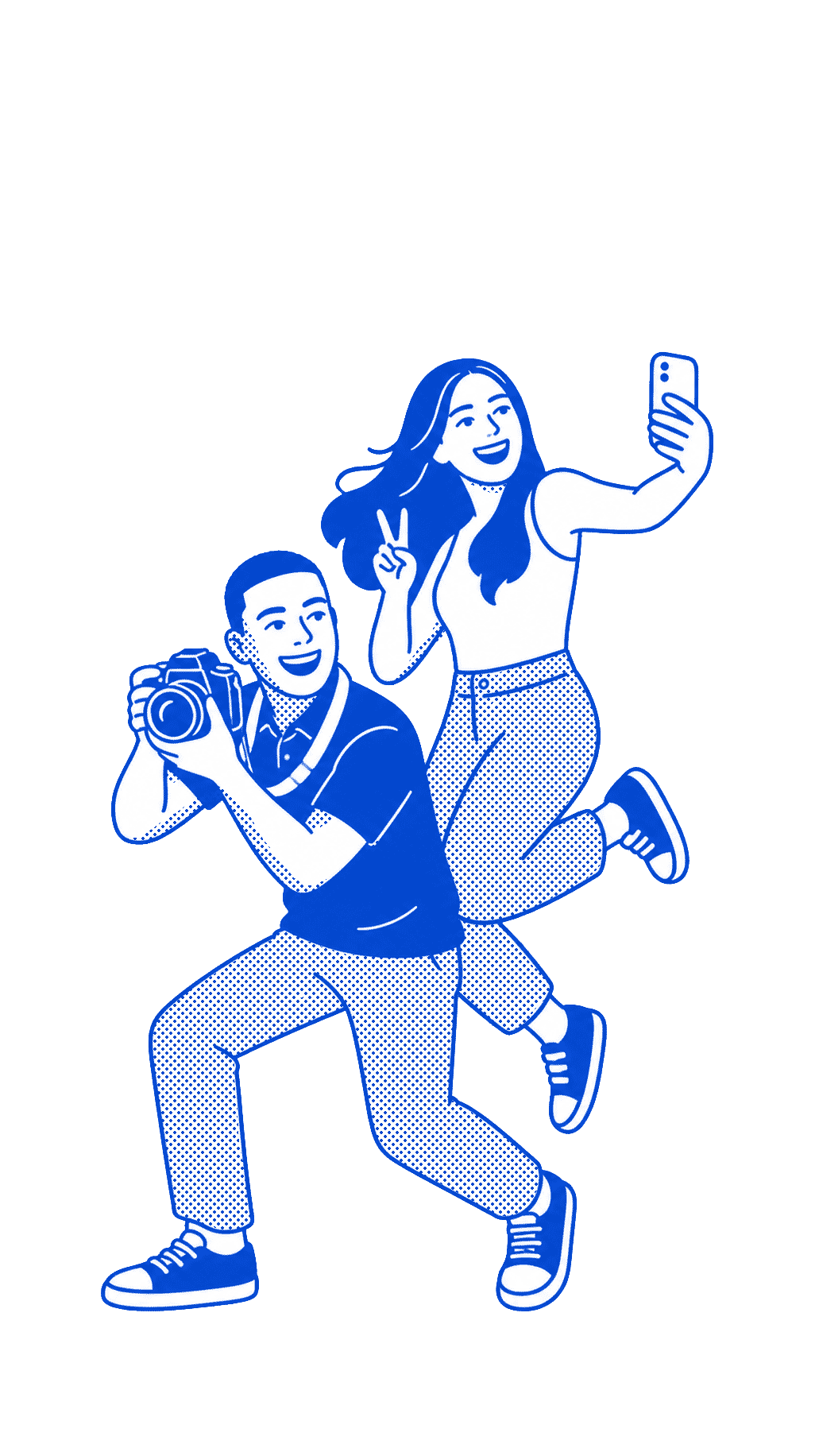 Illustrated characters taking a photo on a camera and filming on a phone