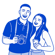 Illustrated versions of Emily and Cameron holding a camera and phone