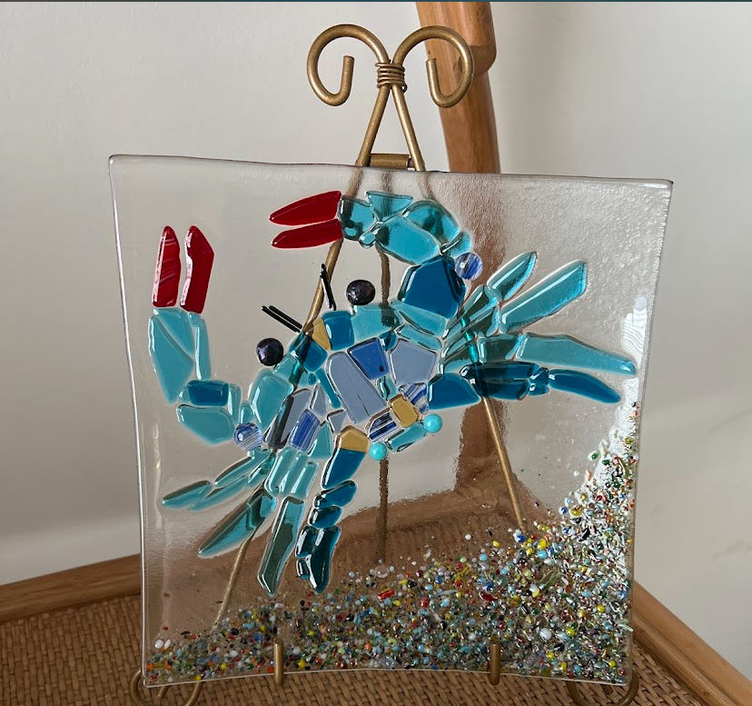 Beautiful Fused Glass Blue Crab Dish