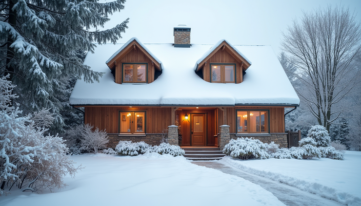 Eye-level view of a snow-covered house with insulated windows and a cleared driveway