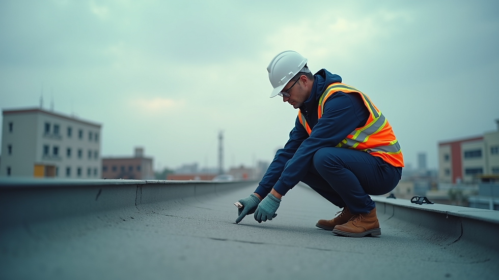 Close-up view of a Certified Master Inspector examining a commercial building roof