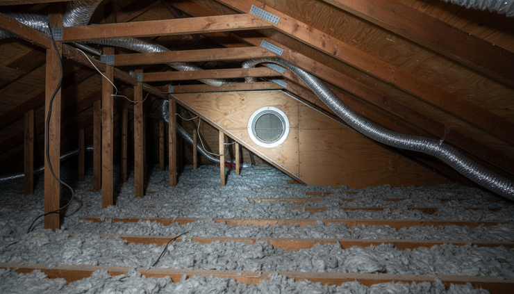 Wide-angle view of an attic with insulation, roof framing, and a flashlight beam near a vent opening