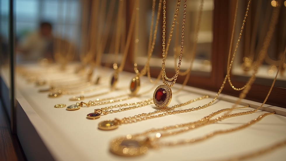 Eye-level view of a jewelry display featuring various affordable charm necklaces