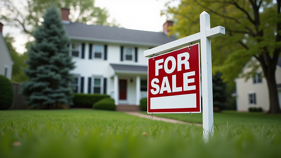 Eye-level view of a New Jersey suburban home with a "For Sale" sign in the front yard