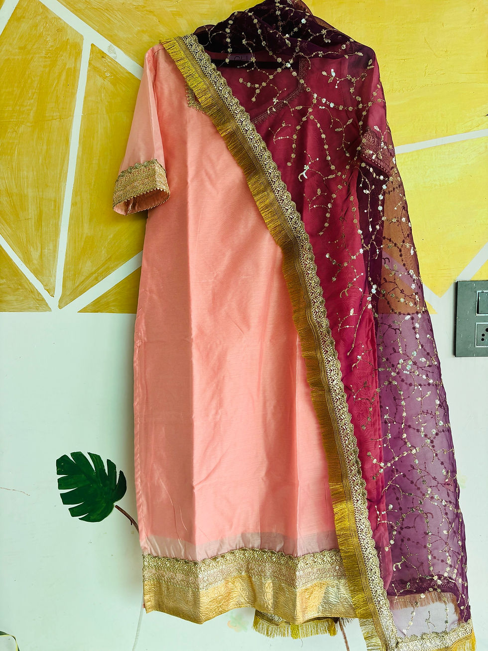 Thumbnail: Chanderi- Pastel pink and wine