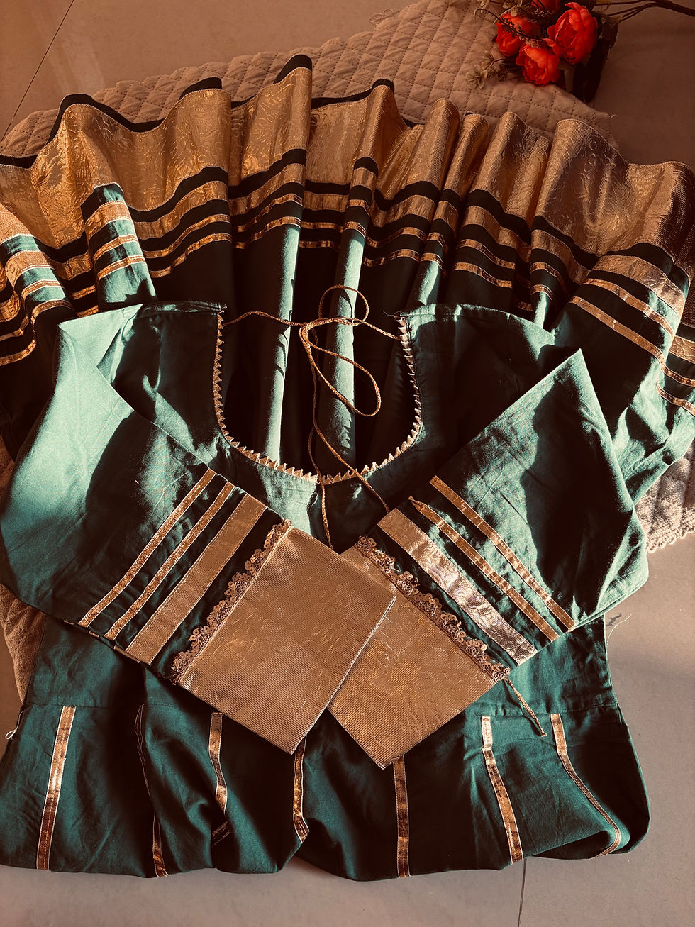 Thumbnail: Vaar Tyohaar - Panna Green Sunehri Suit Set 