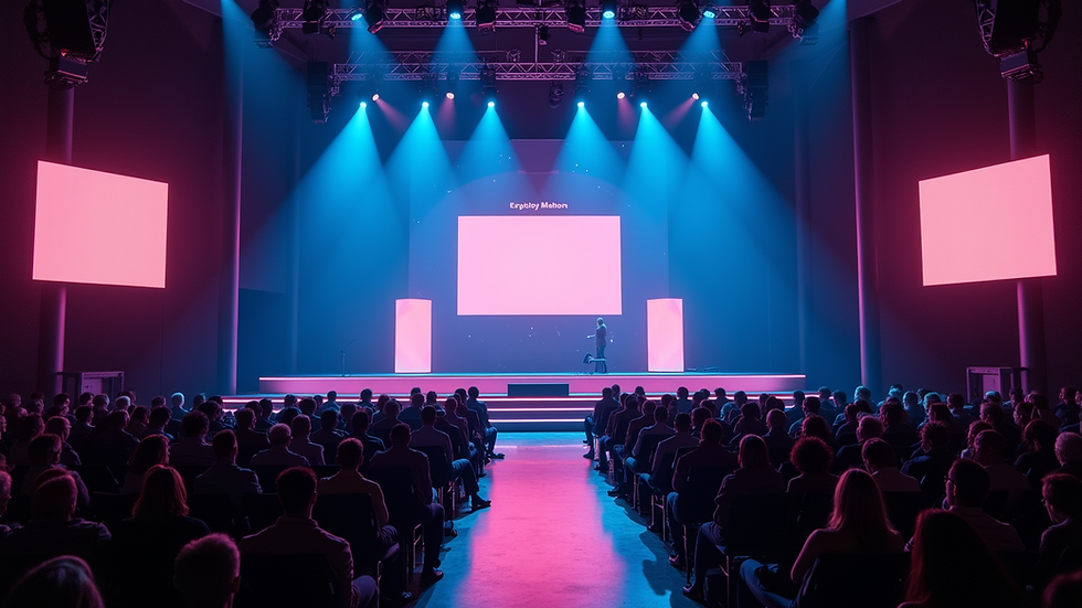 Eye-level view of a modern event stage with LED screens and lighting