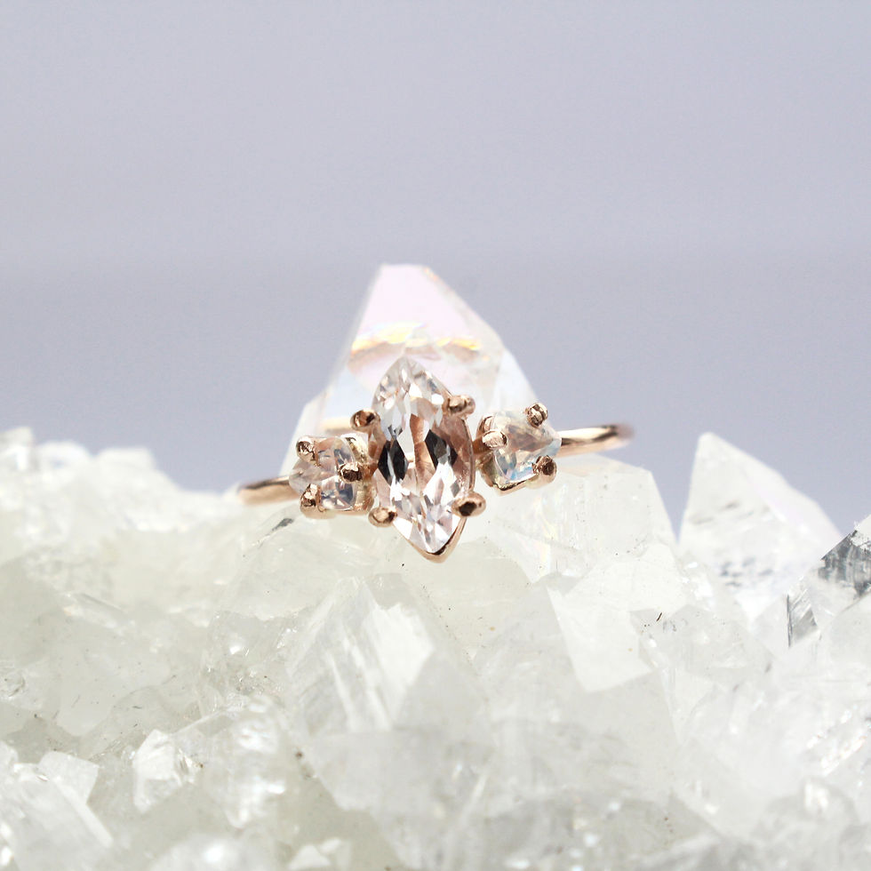 Thumbnail: styled image of 9CT GOLD MORGANITE AND MOONSTONE CLUSTER RING