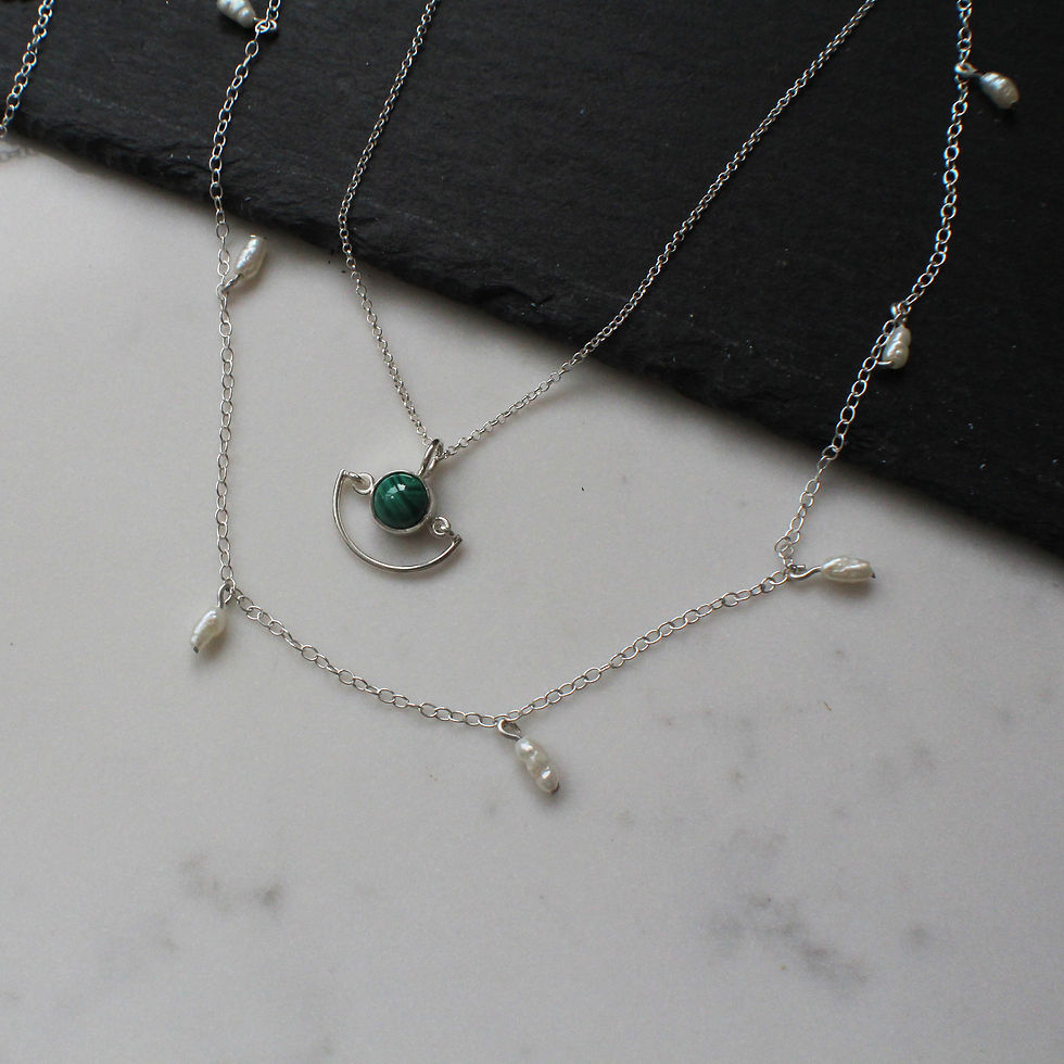 Thumbnail: close up ROUND MALACHITE SUN RISE NECKLACE sterling silver