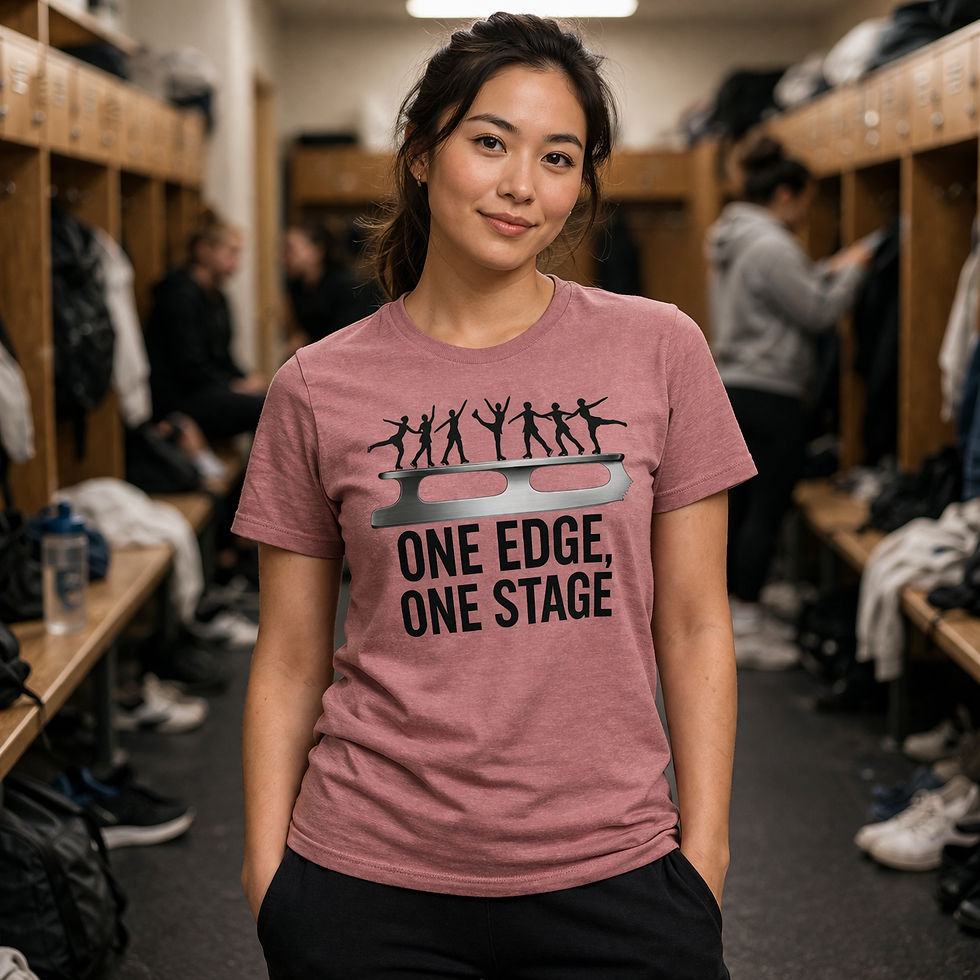 Thumbnail: Woman wearing mauve One Edge One Stage figure skating T-shirt with skater silhouette graphic