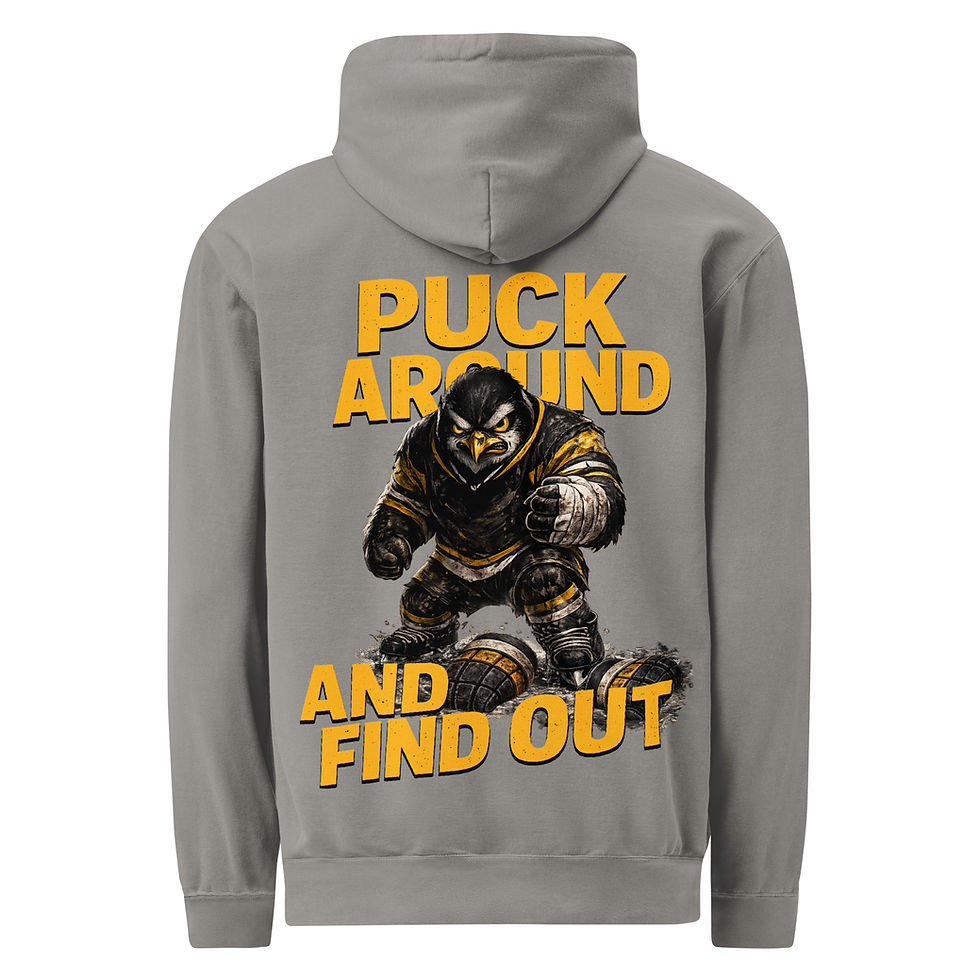 Gray Pittsburgh Puck Around and Find Out hockey hoodie with black and yellow hockey player graphic on back
