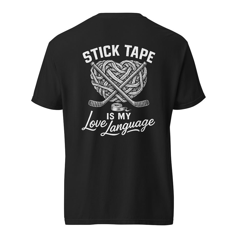 Black hockey T-shirt with Stick Tape Is My Love Language hockey tape graphic on back