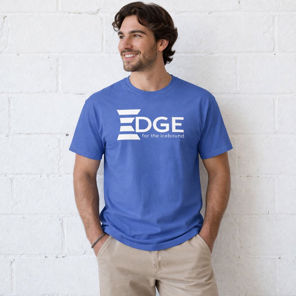 Man wearing blue EDGE for the icebound logo T-shirt