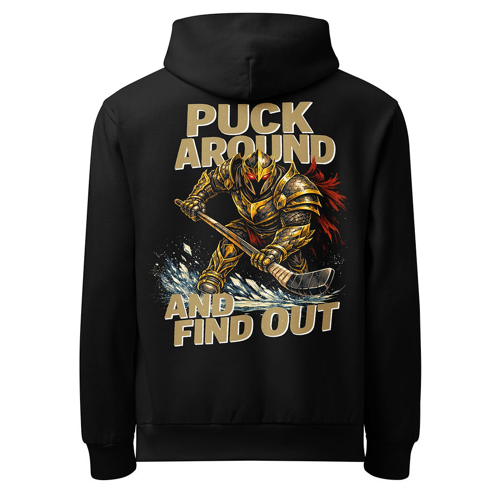 Black Vegas Puck Around and Find Out hockey hoodie with armored hockey player graphic on back