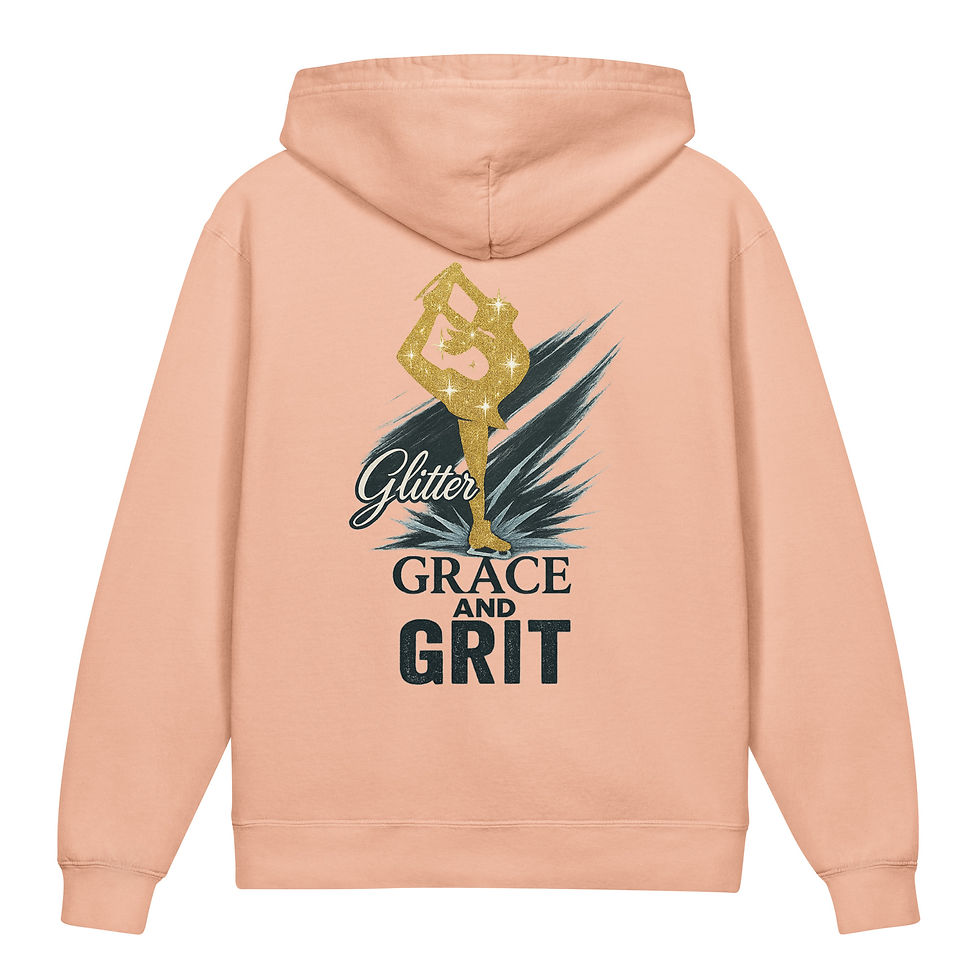 Peach Glitter Grace and Grit figure skating hoodie with gold skate and feather graphic on back