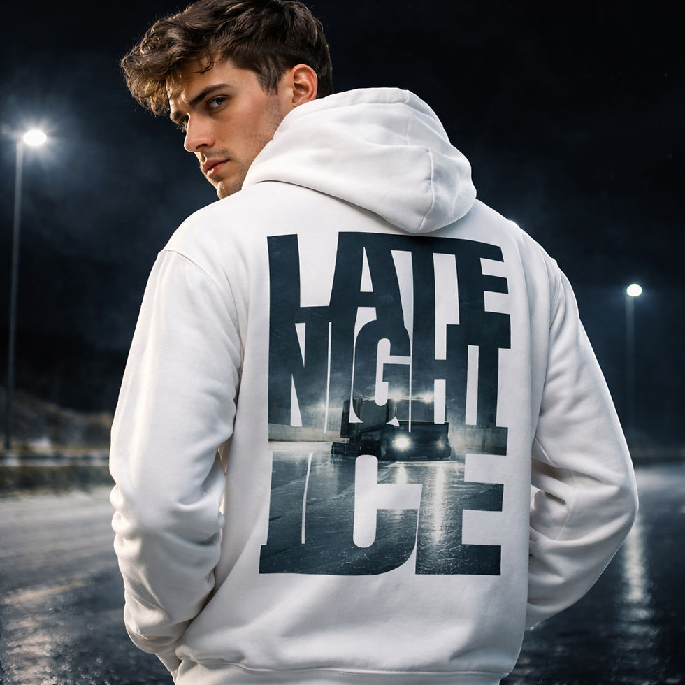 Thumbnail: Back view of man wearing white Late Night Ice hockey hoodie at an outdoor ice rink