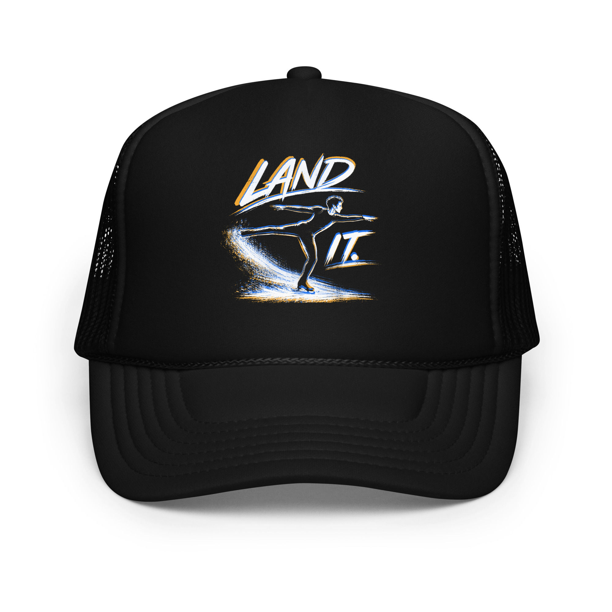 Black Land It figure skating trucker hat with figure skating Axel graphic