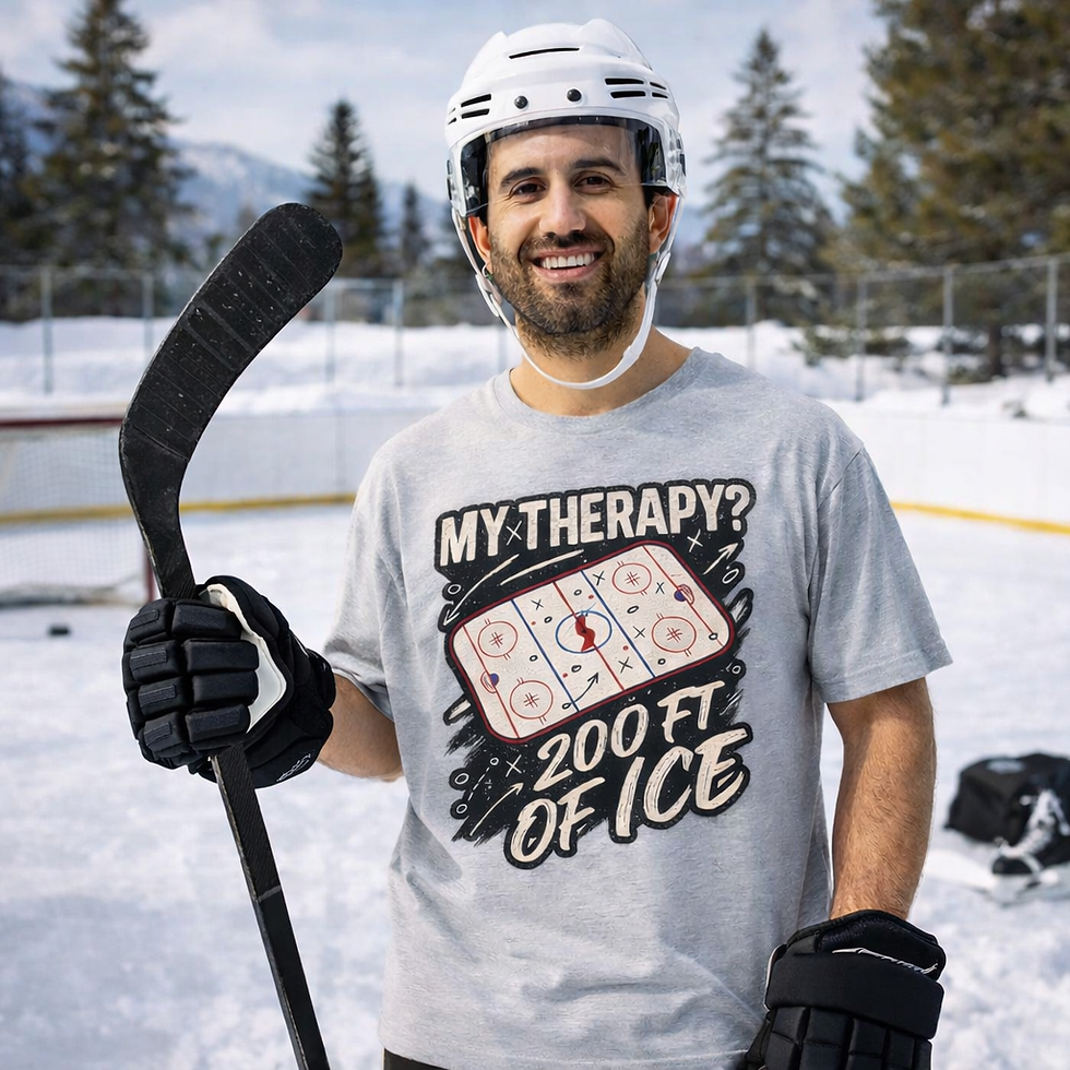 Smiling man in helmet, 'MY THERAPY? 200 FT OF ICE' t-shirt.