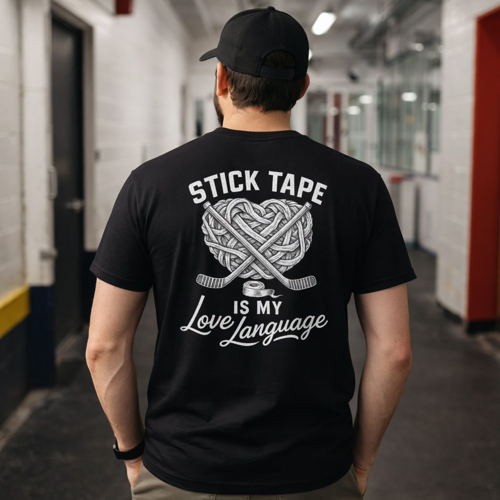 Back view of man wearing black hockey T-shirt with Stick Tape Is My Love Language graphic