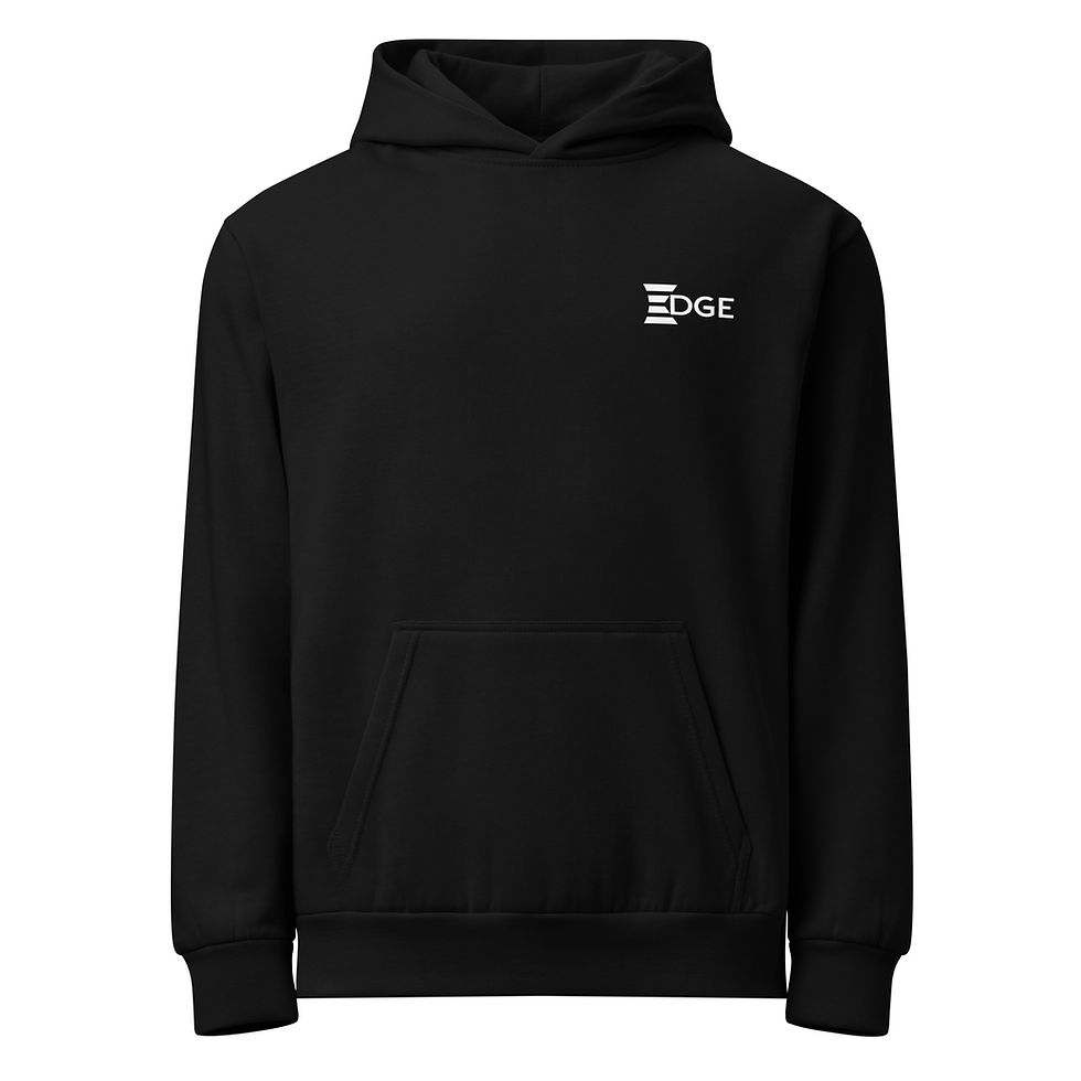 Thumbnail: Front view of black Smells Like Hockey hoodie with small EDGE logo on chest