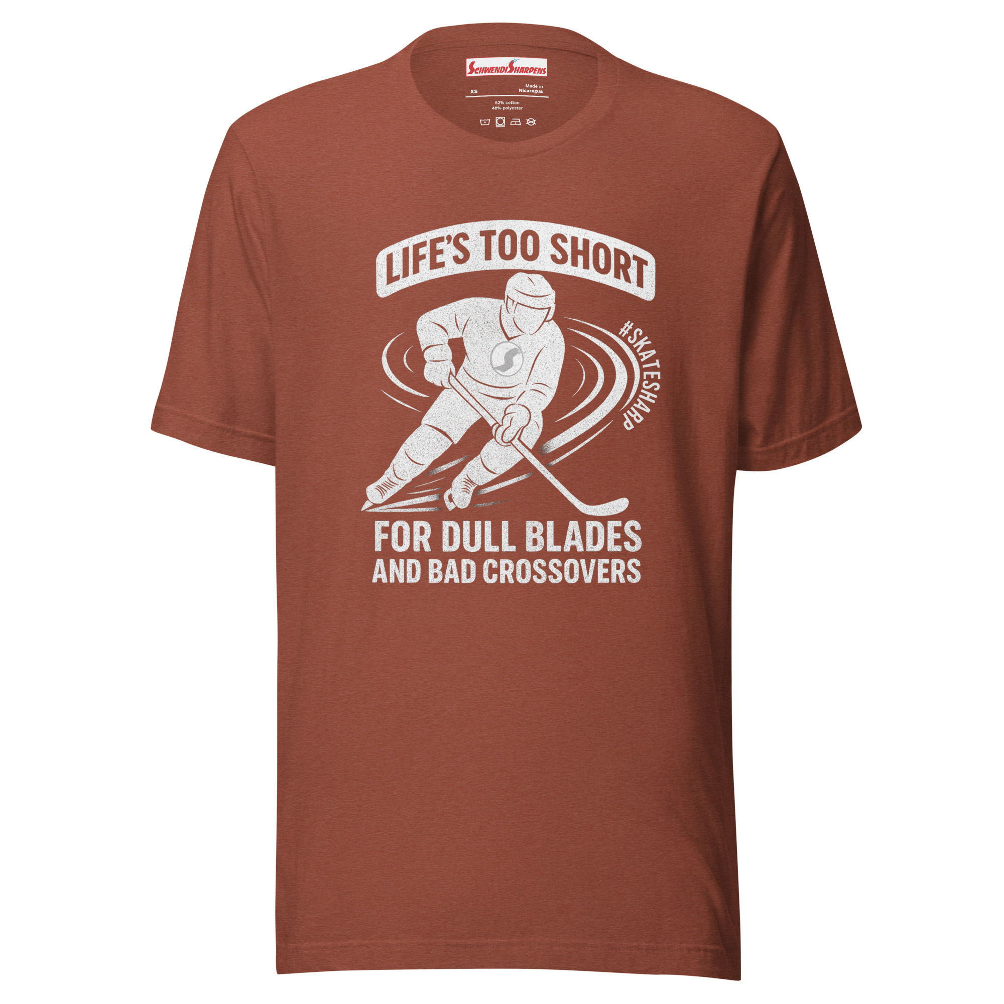 Brown T-shirt: "Life's too short for dull blades and bad crossovers"