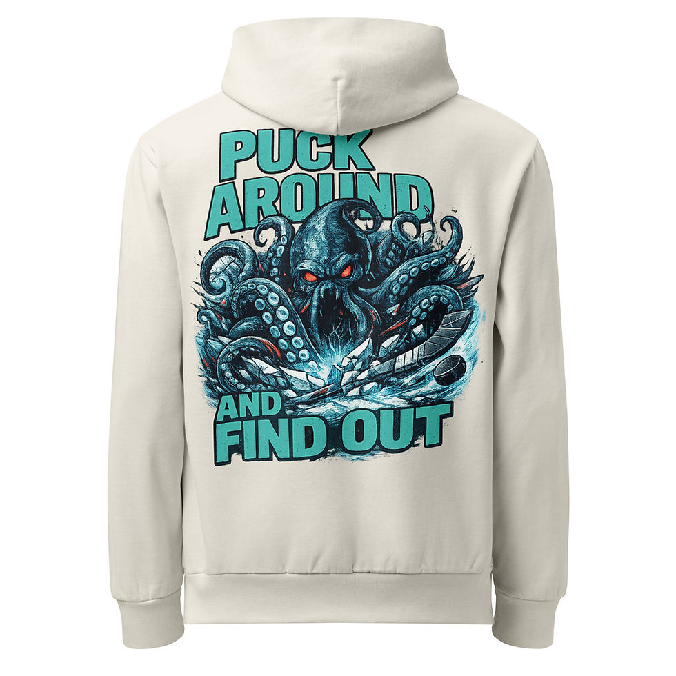 Cream Seattle Puck Around and Find Out hockey hoodie with blue octopus hockey player graphic on back