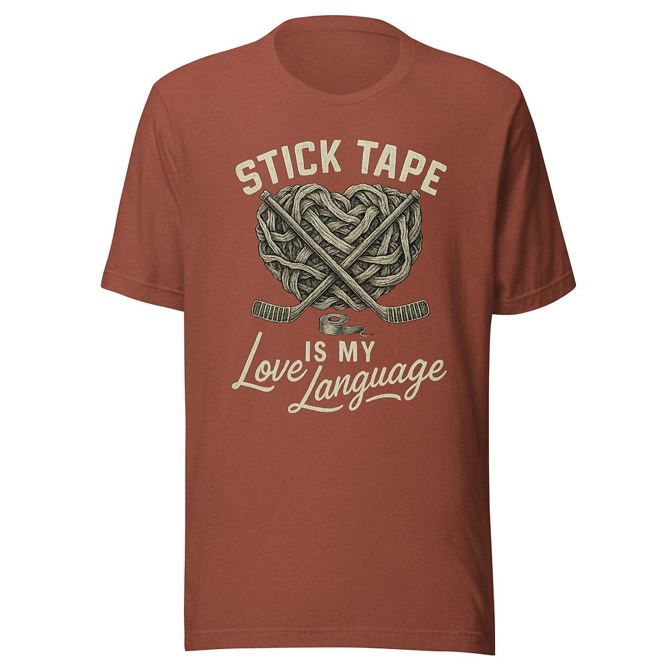 Rust Stick Tape Is My Love Language hockey T-shirt with hockey tape heart graphic