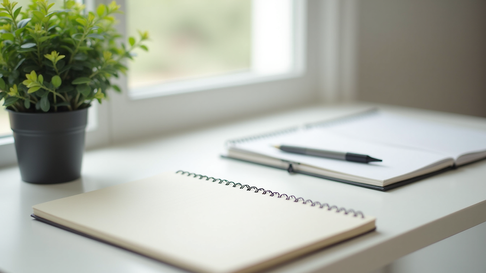 Close-up view of a minimalist desk with a plant and a notebook