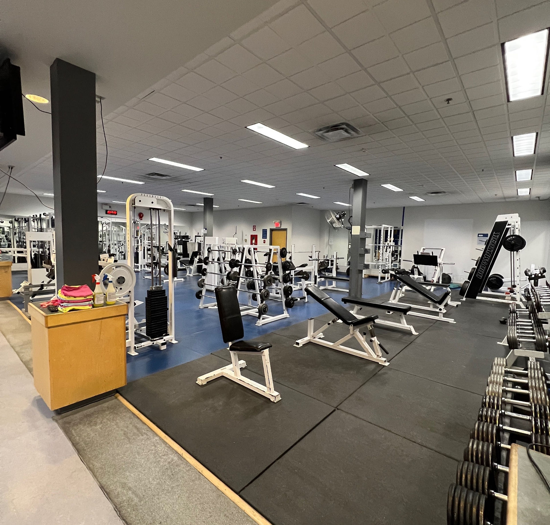 Fully equipped gym and full size basketball court on site. 
