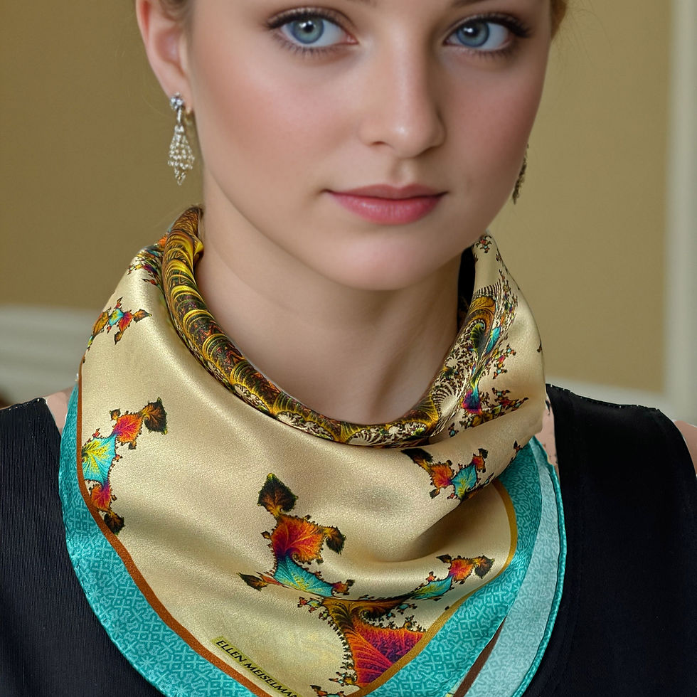Thumbnail: Silk Neckerchief, "Carnival Gold" Small 16" Square Scarf, Fractal Design