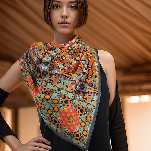 Silk Twill Scarf with Tassels in Burnt Orange, Black and Green