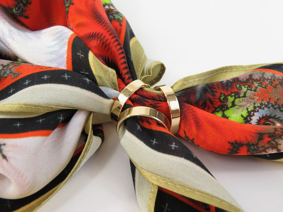 Thumbnail: Small Three-Ring Scarf Ring "May" shown on silk satin scarf  | Scarves By Ellen