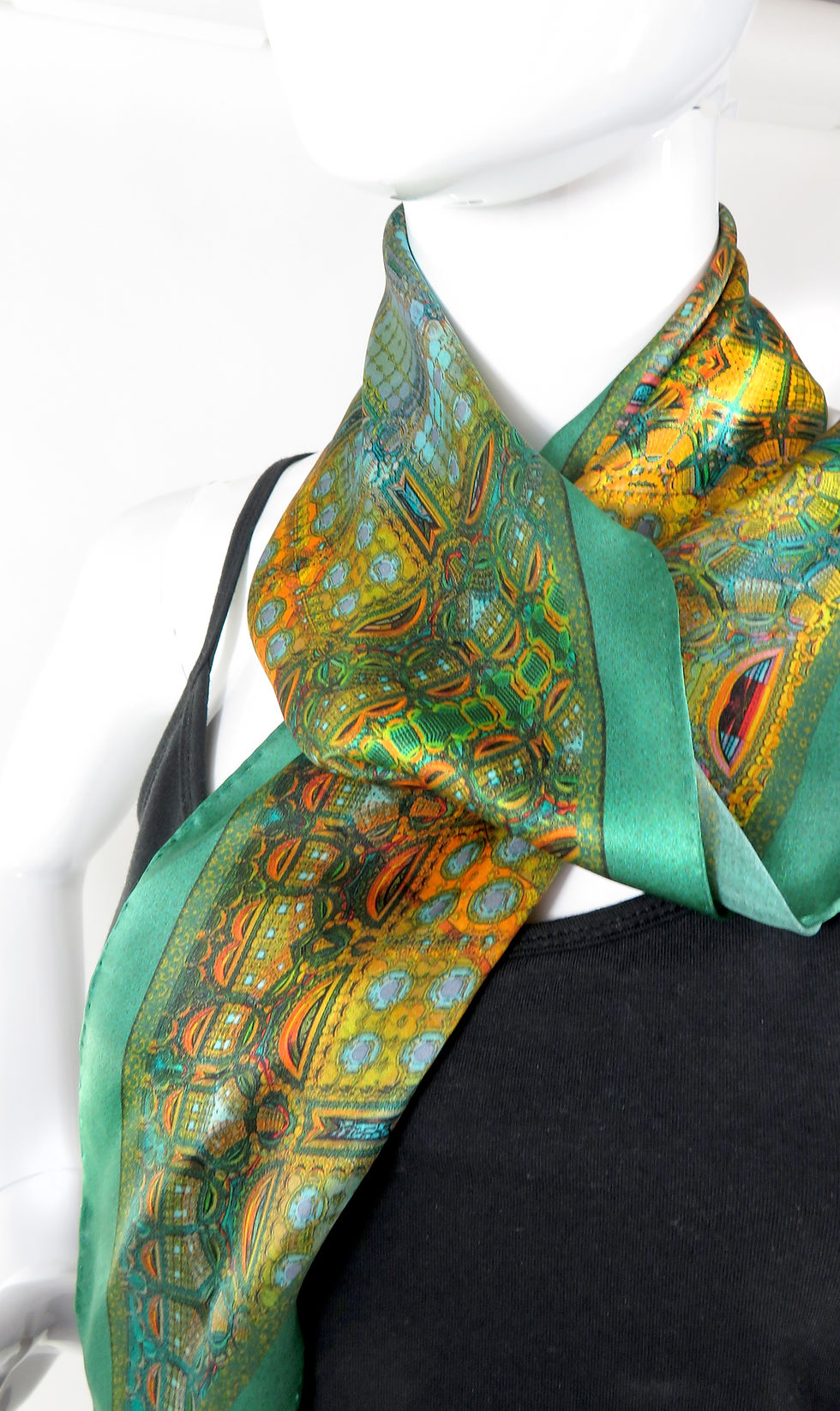 Thumbnail: Diamond-shaped Silk Scarf, Silk Hat Scarf, "Architectonic Green" Fractal Design