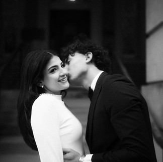 Bride and groom posing at Osgoode Gardens during their Toronto City Hall wedding