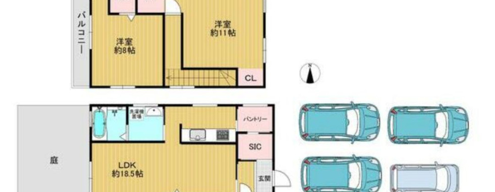 The image shows a floor plan of a house with two levels. The first floor features a kitchen and dining area (LDK), a bathroom, a toilet, a storage closet, and a pantry. The second floor has two bedrooms (洋室), a bathroom, a toilet, a closet, and a balcony. The plan also indicates entrances, windows, and the direction of north. There is also a representation of a parking area with three cars.