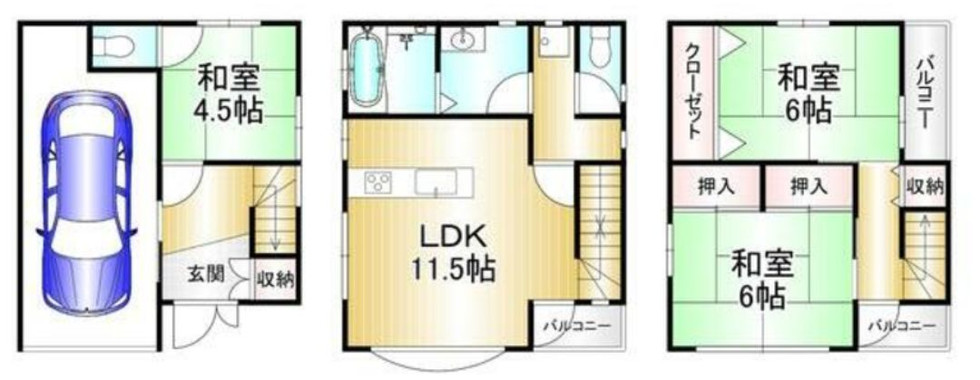 The image shows a floor plan for a three-story house. The first floor has a garage, a living room, a dining room, a kitchen, a bathroom, a closet, and a tatami room. The second floor has three bedrooms, a bathroom, and a hallway. The house also has a balcony on the second floor.