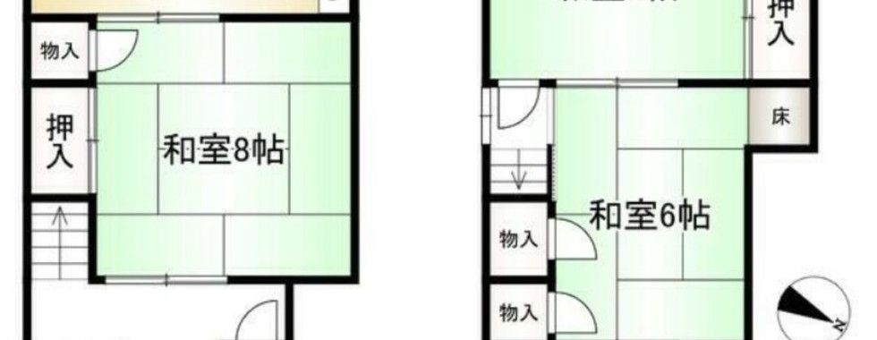 This is a floor plan of a two-story house. The first floor has a Japanese-style room (和室) of 8 Japanese mats, a dining kitchen (DK) of 6 Japanese mats, a bathroom, and a toilet. There is also a storage closet (物入) and a small entrance (玄関). The second floor has two Japanese-style rooms (和室) of 6 Japanese mats each, and a balcony (ベランダ). There is also a storage closet (物入) on the second floor.